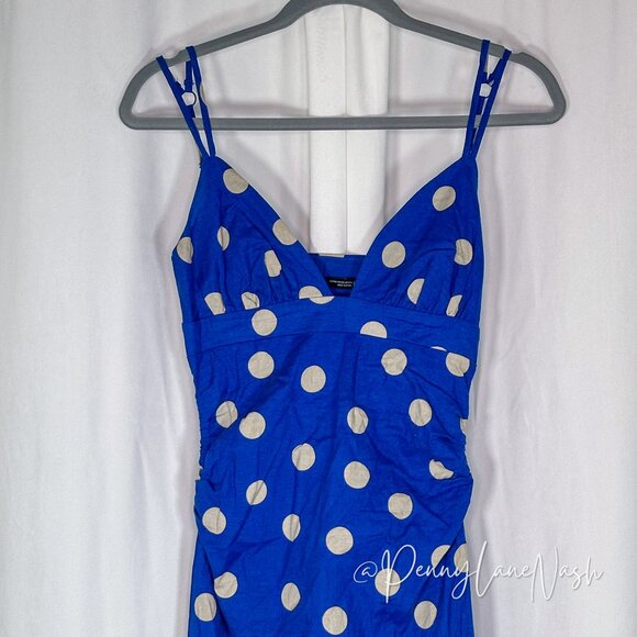 Zara Linen Blend Polka Dot Ruched Midi Dress Blue/Tan - Picture 3 of 13